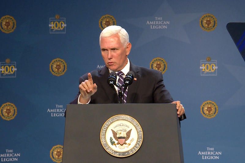 Vice President Mike Pence speaks to hundreds in Indianapolis at the American Legion's national convention, Aug. 28, 2019.