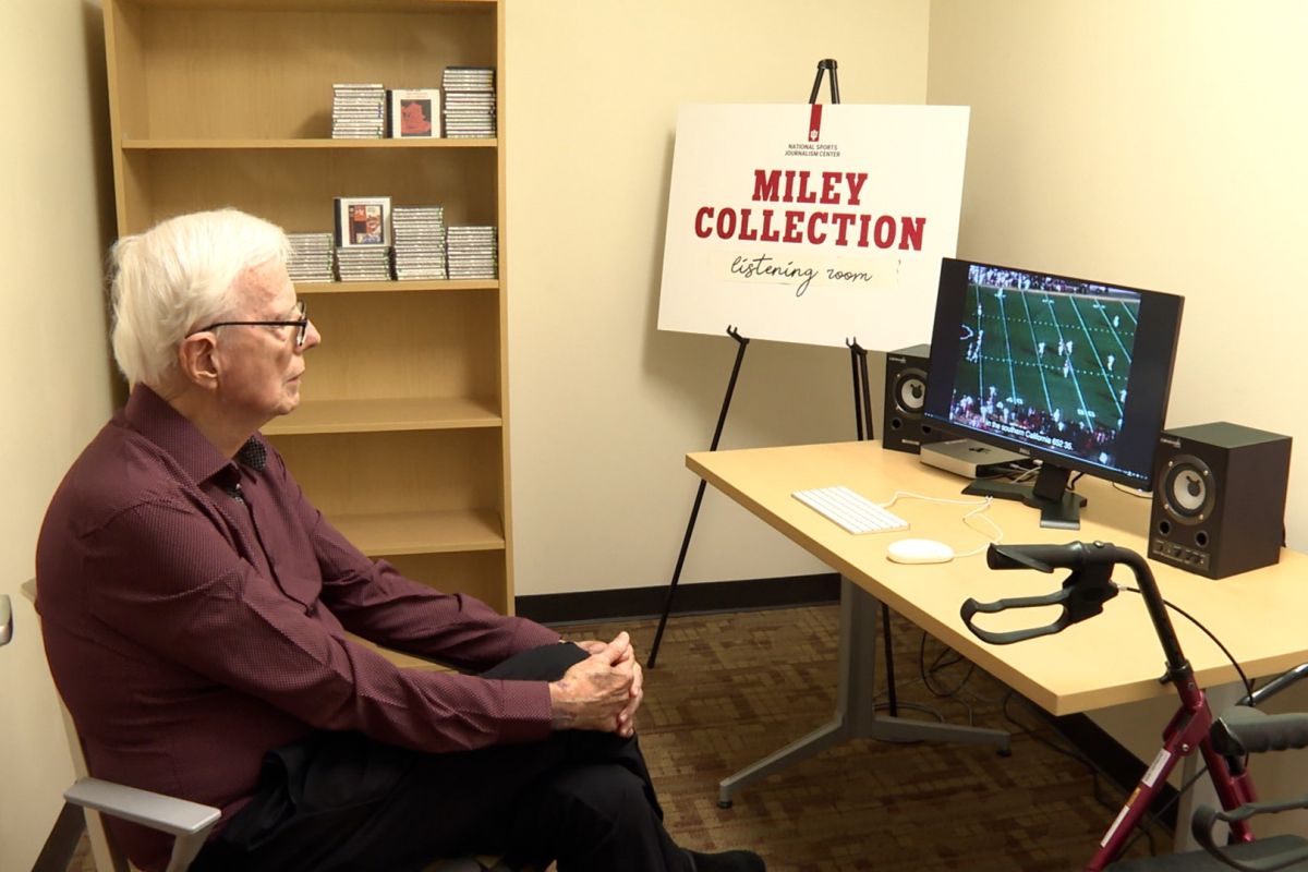 John Miley watches one of his recordings in the Media School's viewing room.