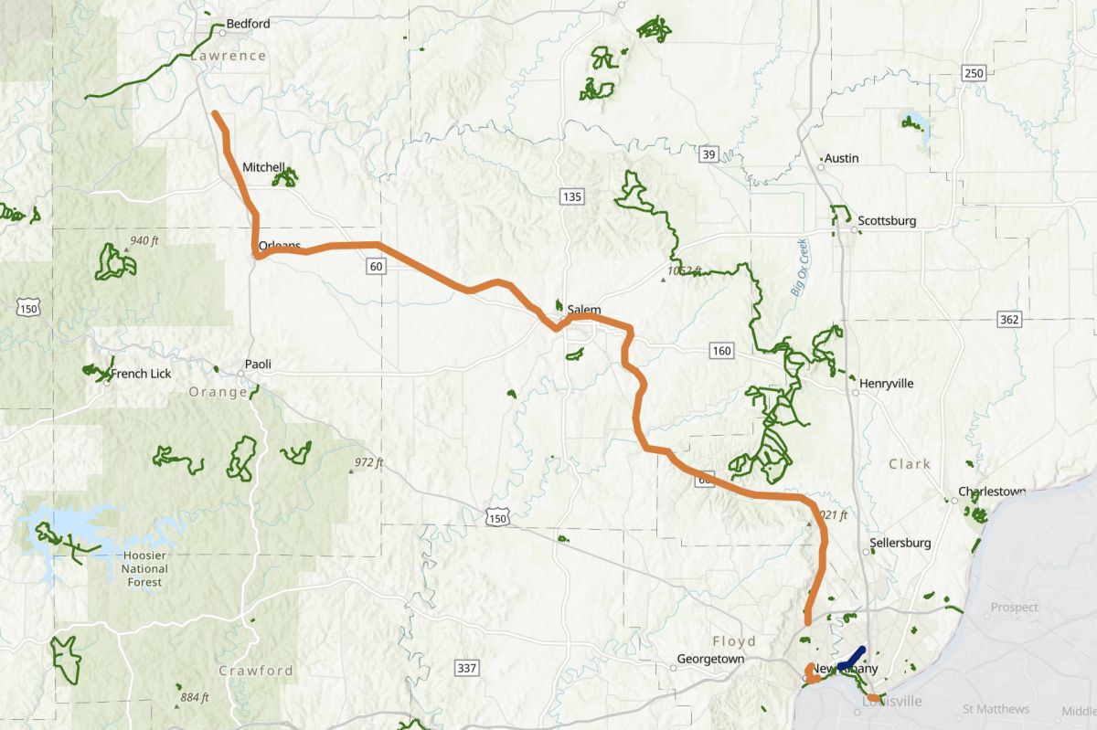 The orange line shows roughly the path of the Monon South Trail.