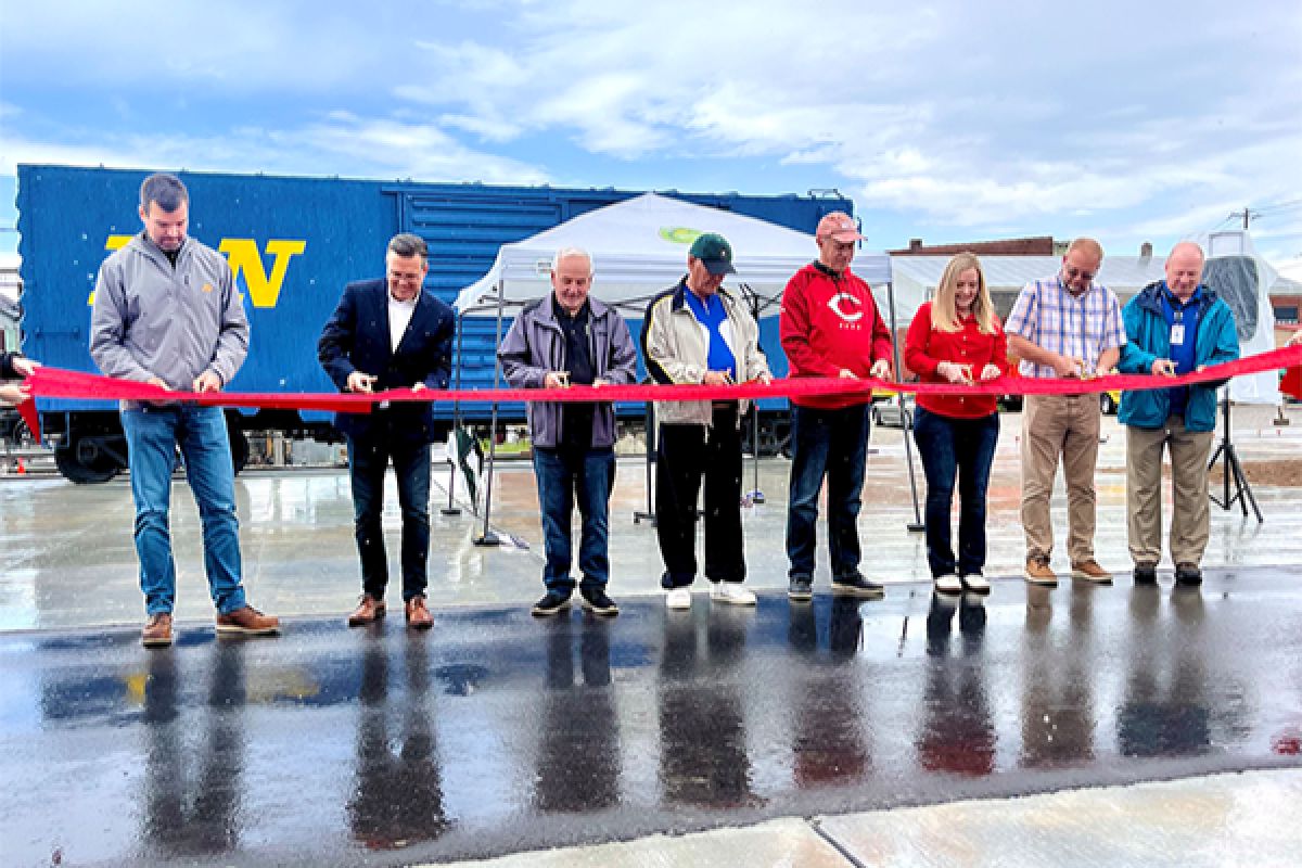 From left: Sam Kaluzny, MAC Construction; Nathan Frey, Clark Dietz; Jack Kaufman, Southern Indiana Trailways; Drew Wright, Southern Indiana Trailways; Jeff Quyle, Radius; Congresswoman Erin Houchin; Salem Mayor Justin Greene; DNR’s Dale Brier.