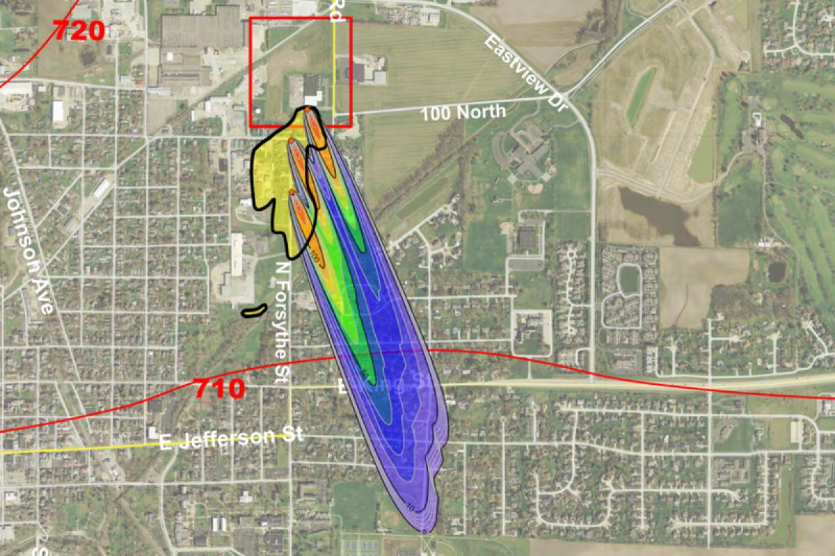 This model estimates water contamination from the Amphenol site (red outline) could have spread farther than the EPA's groundwater study area (yellow). Warmer colors show higher possible levels of the cancer-causing chemical TCE. 