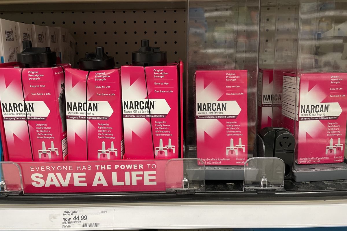 over-the-counter Narcan boxes on the shelf of a store