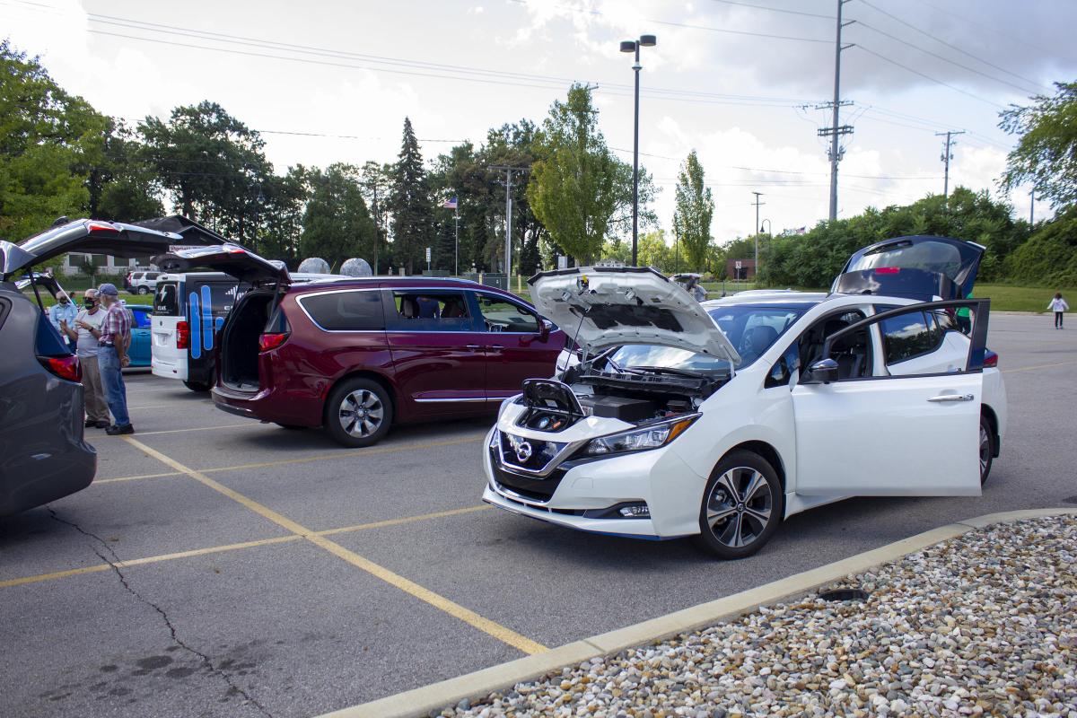 Cars at the expo included a Nissan Leaf, Mustang Mach-E, Chevrolet Bolt, Chrysler Pacifica and a prototype vehicle from Mishawaka EV manufacturer Electric Last Mile Solutions.