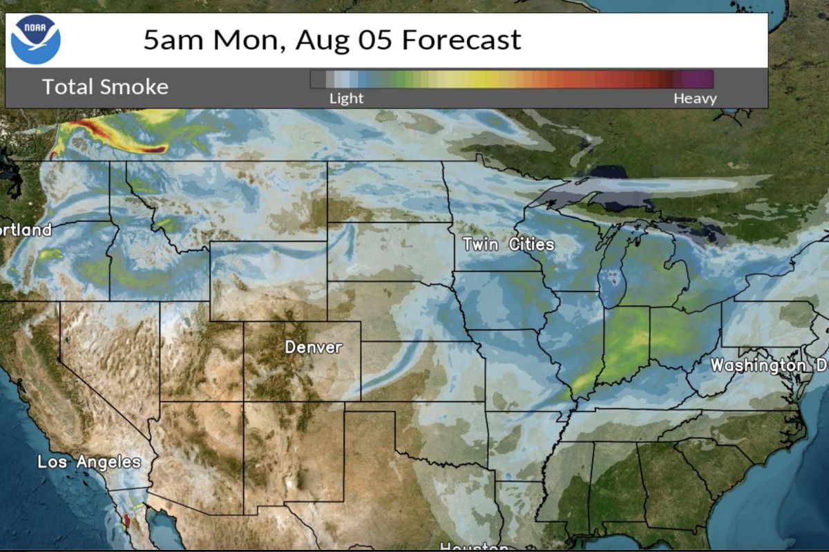 NOAA's map displays most of the United States with color-coded swirls showing the smoke as it moves through the U.S. 