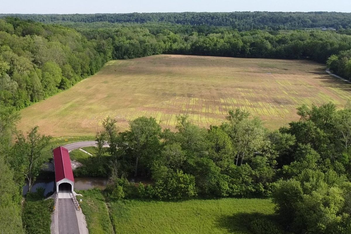 An aerial view of the Oliver preserve and the covered bridge at the Beanblossom Bottoms Nature Preserve.