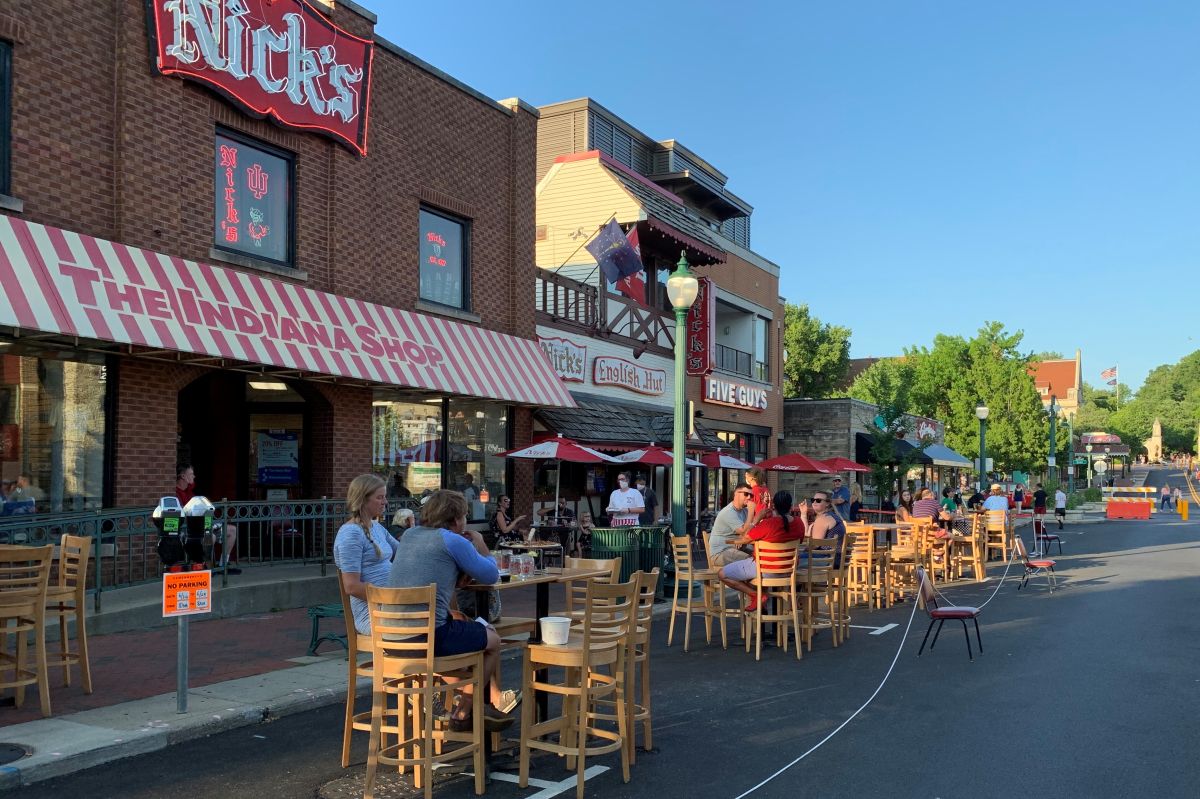 Outdoor dining in the street on Kirkwood Avenue.