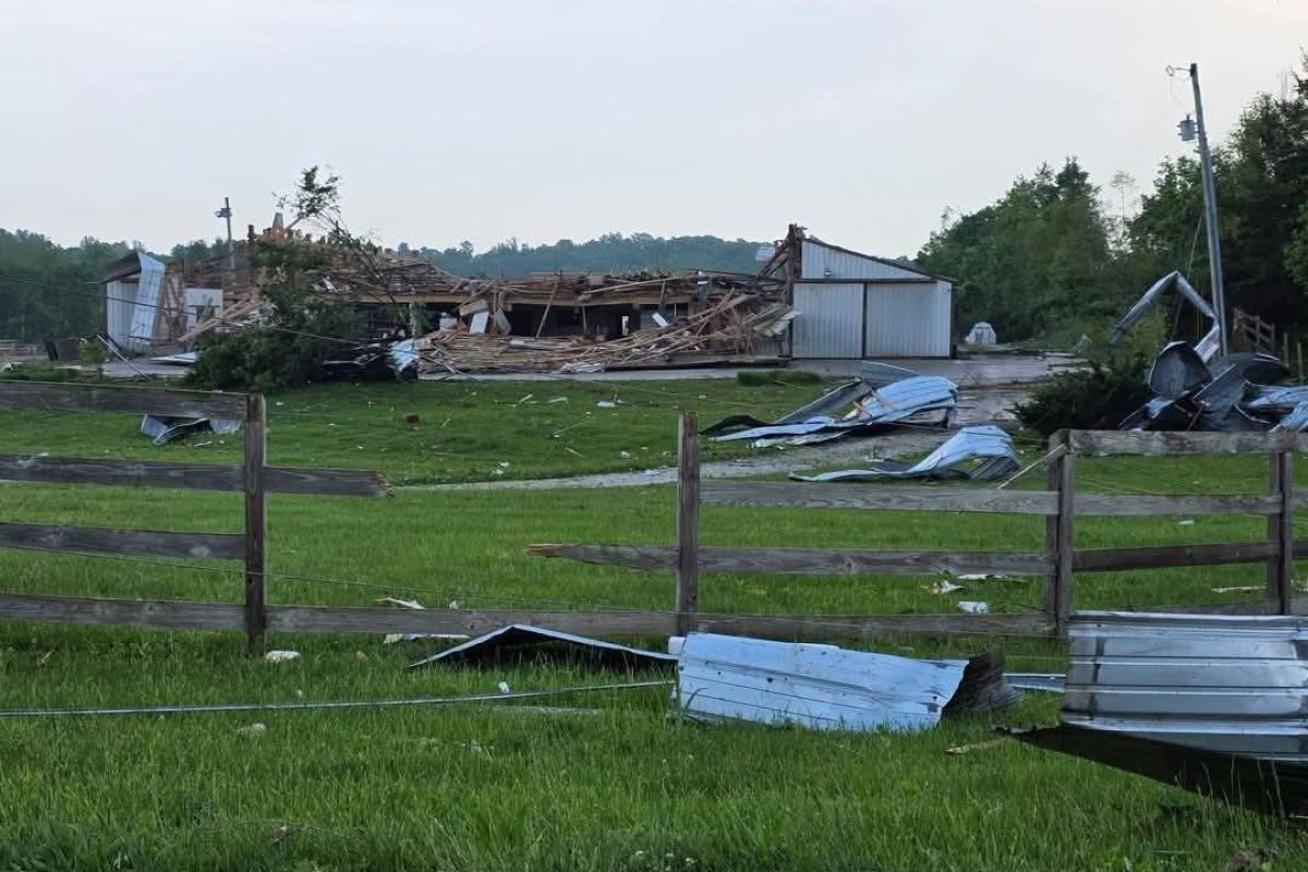 Damage to the barn at People and Animal Learning Services west of Bloomington from Friday night's storms.. 