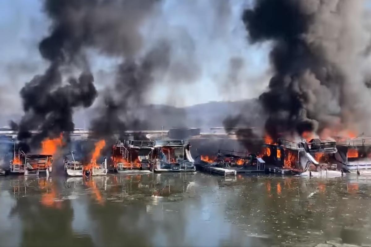 A screenshot of video of a boat fire at Hoosier Hills Marina on Patoka Lake, Feb. 19, 2021.