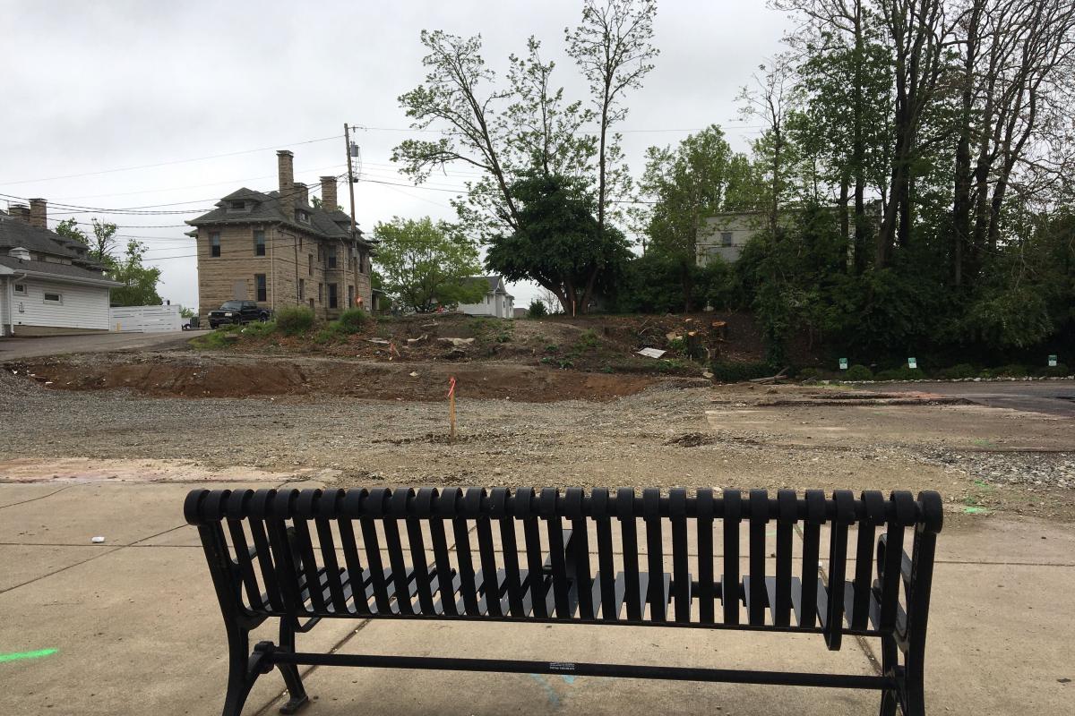 The empty lot which used to house the Player's Pub building in downtown Bloomington, May 2021.