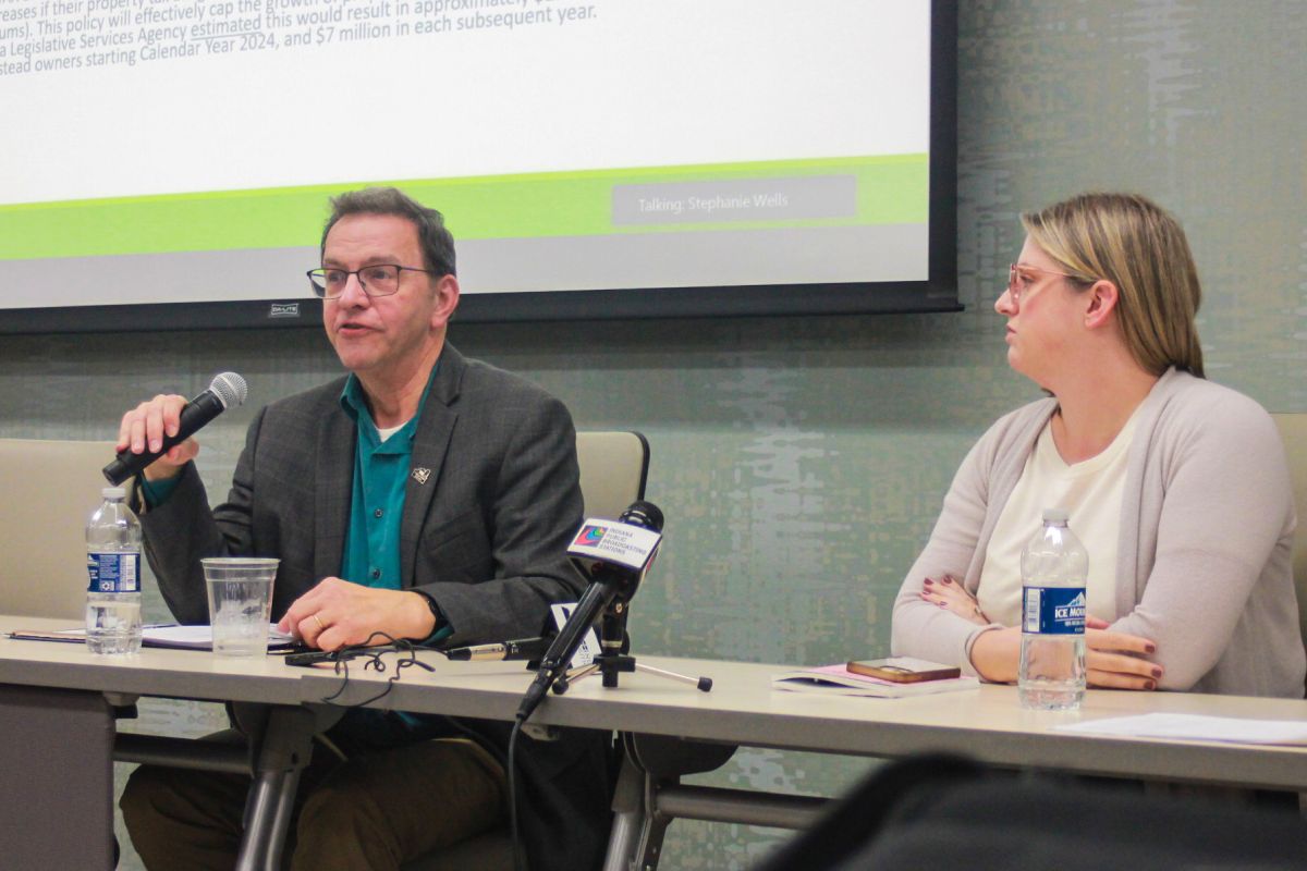 Purdue Professor Emeritus Larry DeBoer, left, discusses property tax issues at a panel hosted by the Indiana Fiscal Policy Institute and Prosperity Indiana. At right is Institute for Taxation and Economic Policy analyst Neva Butkus. 