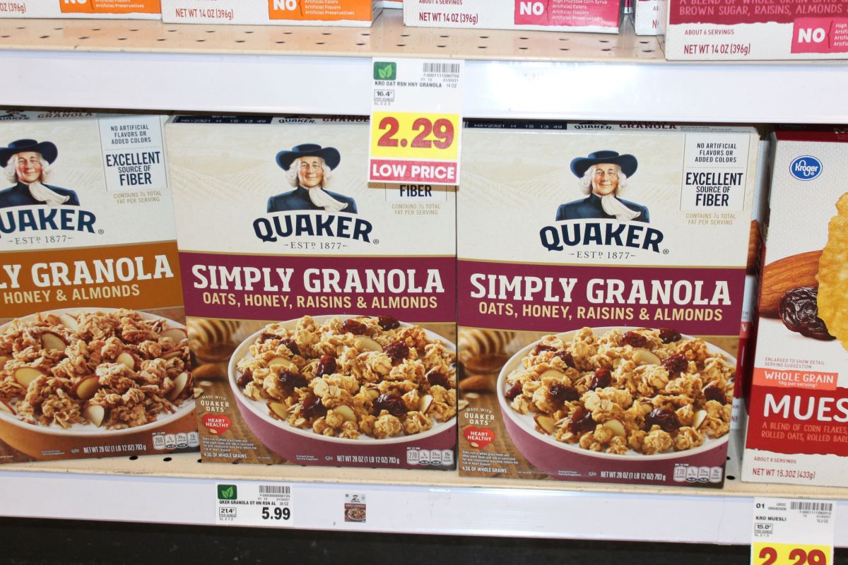 Quaker Simply Granola on grocery shelf