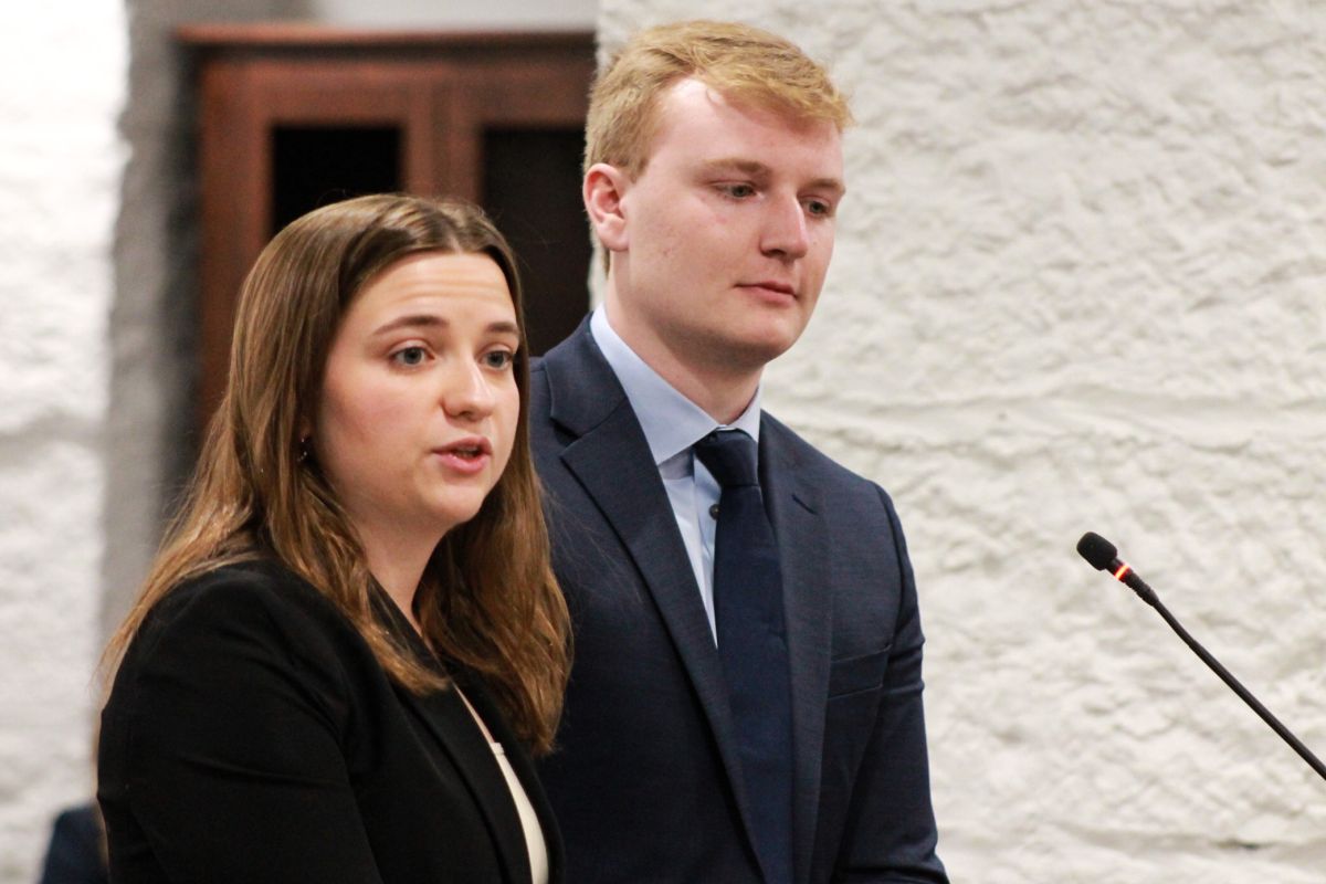 Purdue Student Body Vice President Rebecca Siener, left, and Purdue Student Body President Jason Packard, right, testify in the Senate Corrections and Criminal Law Committee on Jan. 14, 2025.