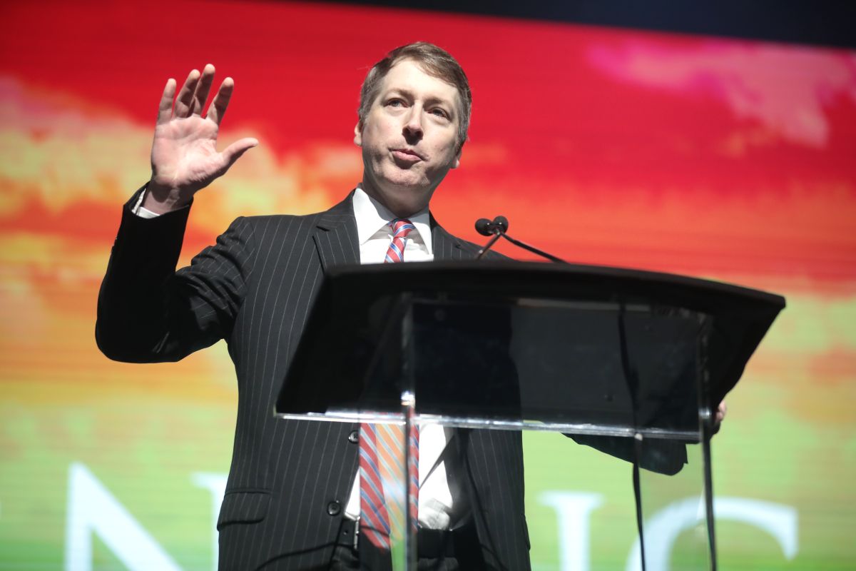 Rich Lowry speaking with attendees at the 2019 Student Action Summit hosted by Turning Point USA at the Palm Beach County Convention Center in West Palm Beach, Florida. 