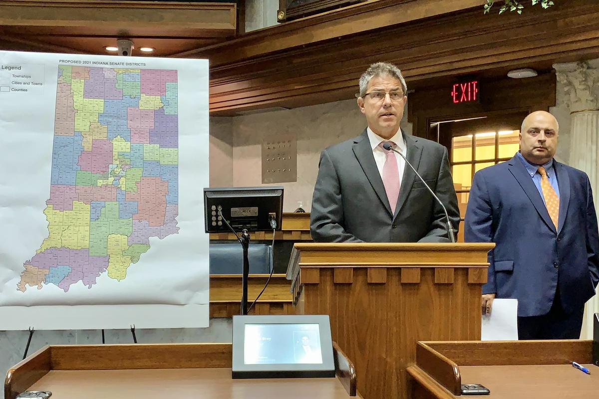 Senate President Pro Tem Rodric Bray (R-Martinsville), at the lectern, discusses the Republicans' proposed Senate redistricting map alongside Senate Elections Committee Chair Sen. Jon Ford (R-Terre Haute).