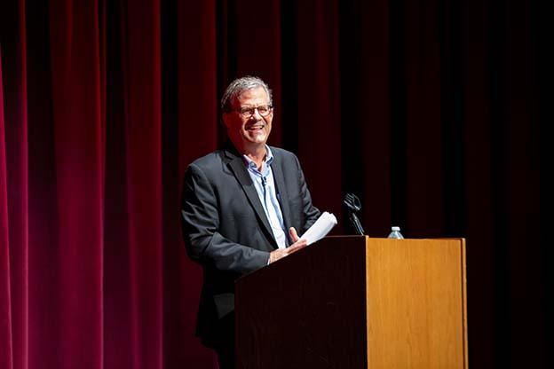 Sam Quinones, journalist and author of The Least of Us, addresses the audience at the Buskirk Chumley Theater on Sept. 13. 