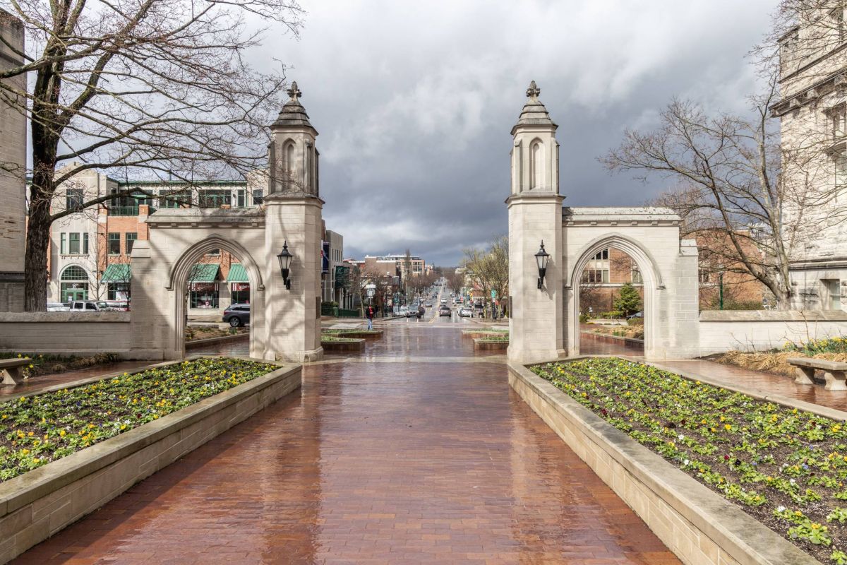 Sample Gates Indiana University, rainy, Kirkwood in background