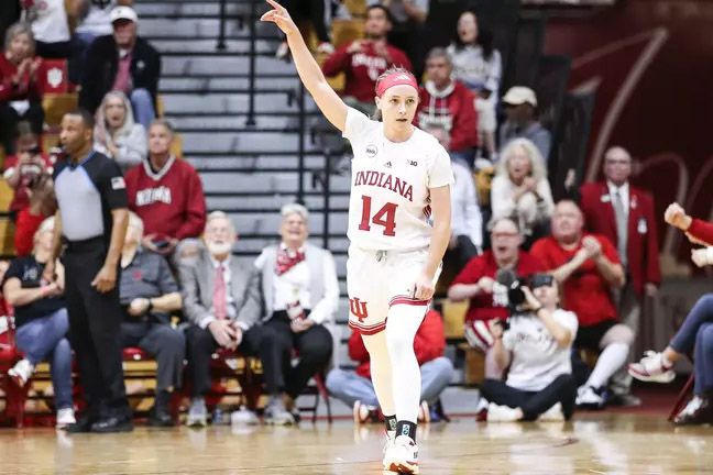 Indiana's Sara Scalia reacts after making a 3-pointer against Lipscomb Sunday afternoon.