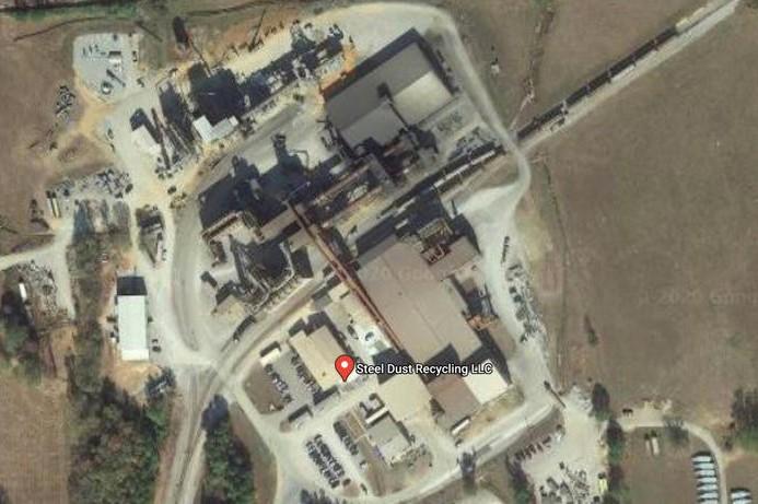 An aerial image of a similar facility called Steel Dust Recycling in Millport, Alabama.