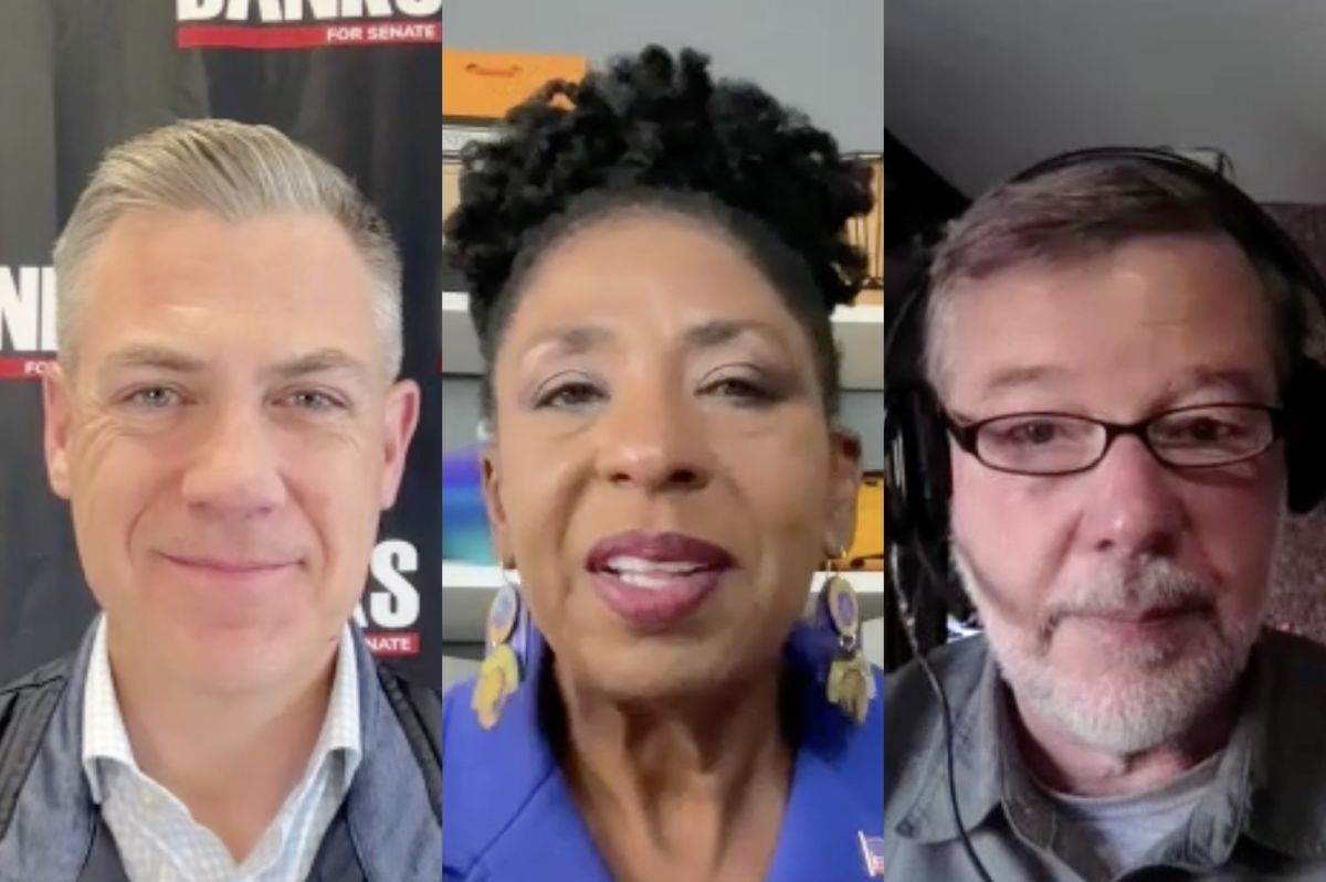 Three still images from Zoom interviews. Jim Banks, Valerie McCray, and Andrew Horning