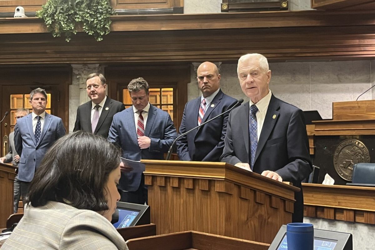 Sen. Ed Charbonneau, R-Valparaiso, and other members of the Senate Republican caucus at an agenda press conference on jan. 11, 2024