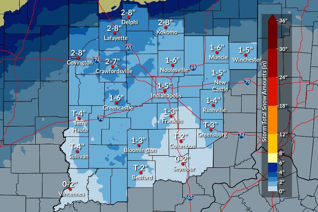 a map from the NWS displays that Bloomington may see as much as three inches of snow through the morning of Jan. 13, created Jan. 10. DO NOT REUSE AFTER JAN. 12, 2024.