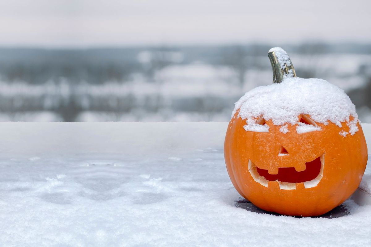 A jack-o'-lantern carved pumpkin during a snow fall during the fall