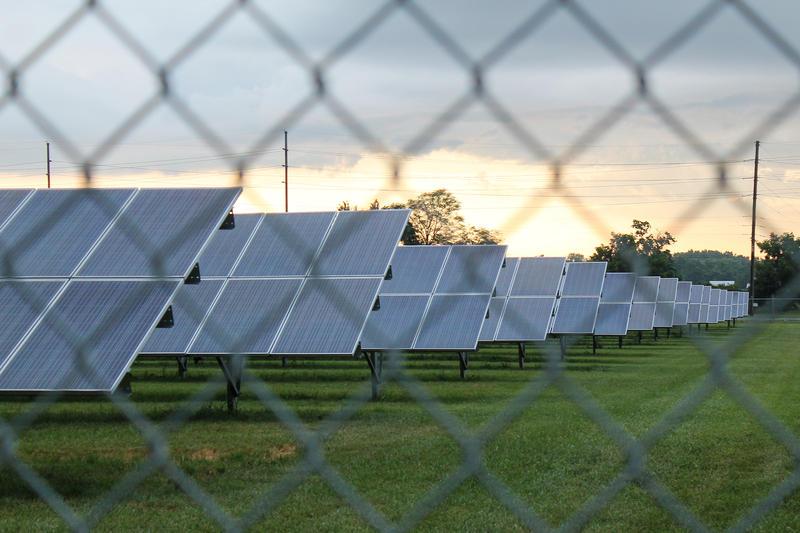 solar panels in a field through a chain link fence