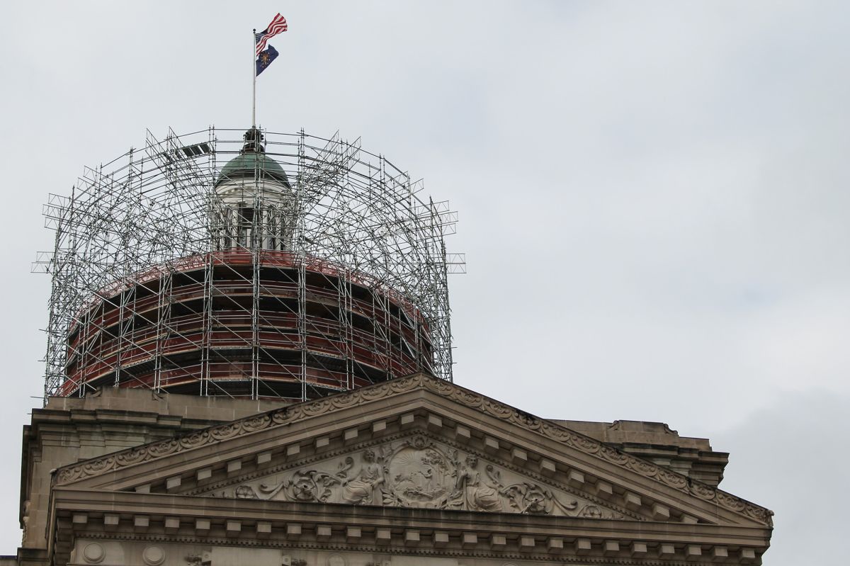 The dome of the Indiana Statehouse is surrounded by scaffolding as repairs are made to it.