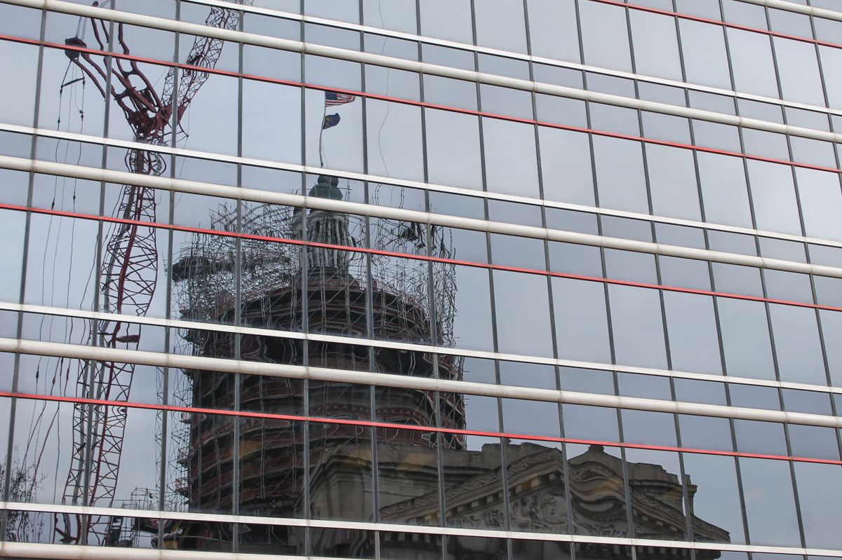 Indiana Statehouse in reflection.