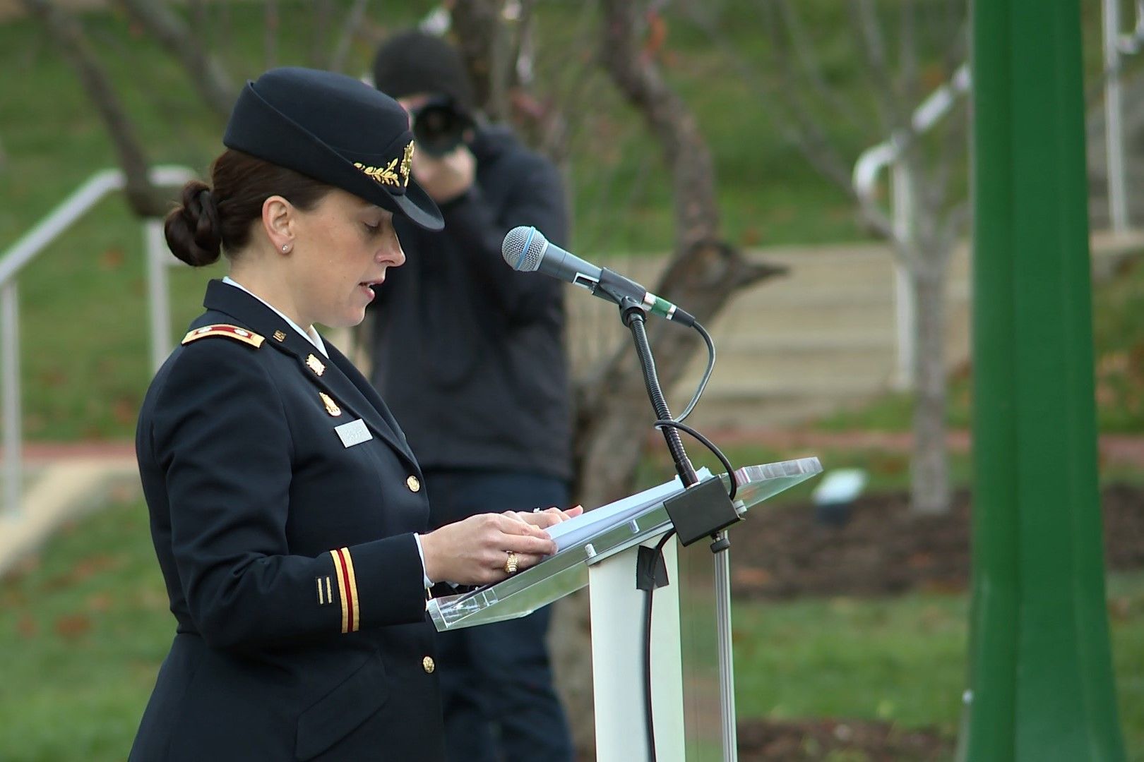 Lt. Col. Stephanie Baugh speaks at Indiana University's 2024 Veteran's Day event.