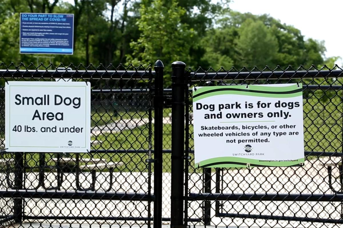 The entrance to the small dog park at Switchyard Park in Bloomington.