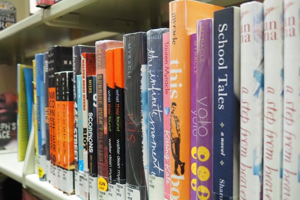 a row of teen books at a library
