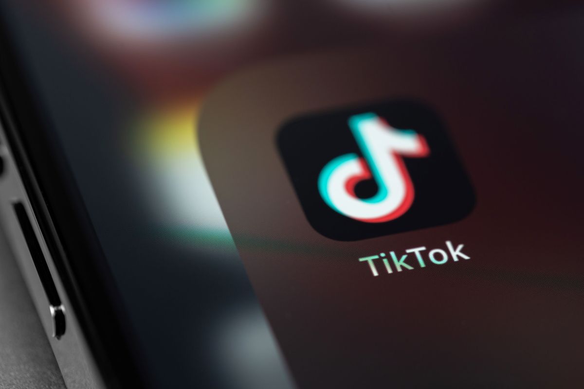 TikTok icon mobile app on screen smartphone iPhone closeup, taken July 27, 2021.
