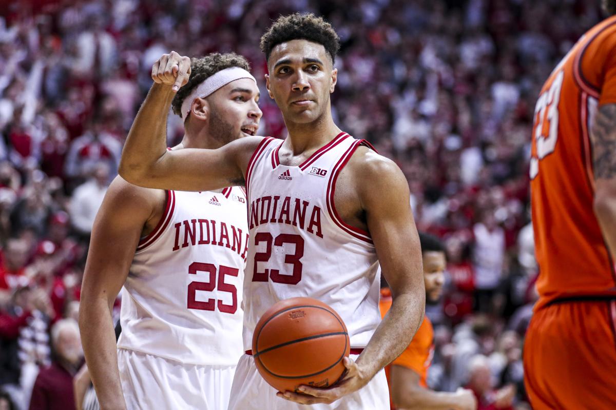 Indiana's Trayce Jackson-Davis reacts to a call during Saturday's game against Illinois.