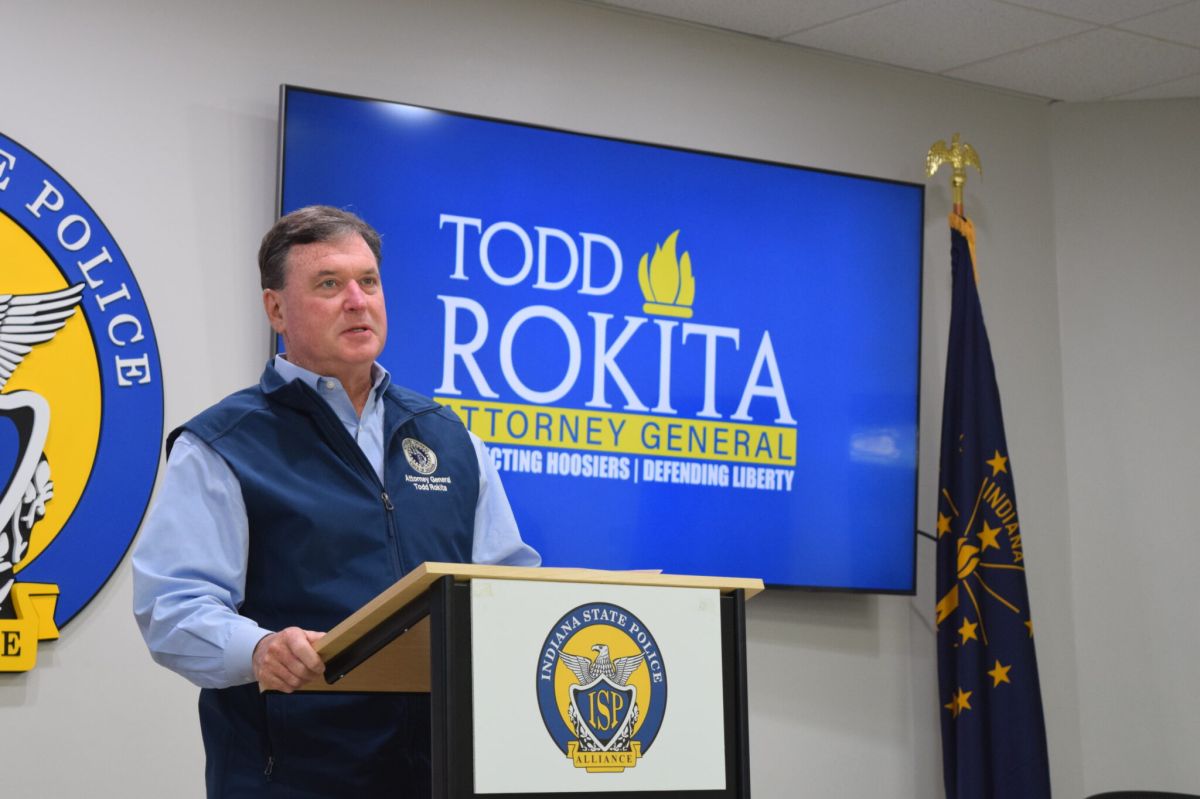 Indiana Attorney General Todd Rokita makes remarks and answers questions after receiving an endorsement from the Indiana State Police Alliance on Thursday, Oct. 24, 2024, in Indianapolis.