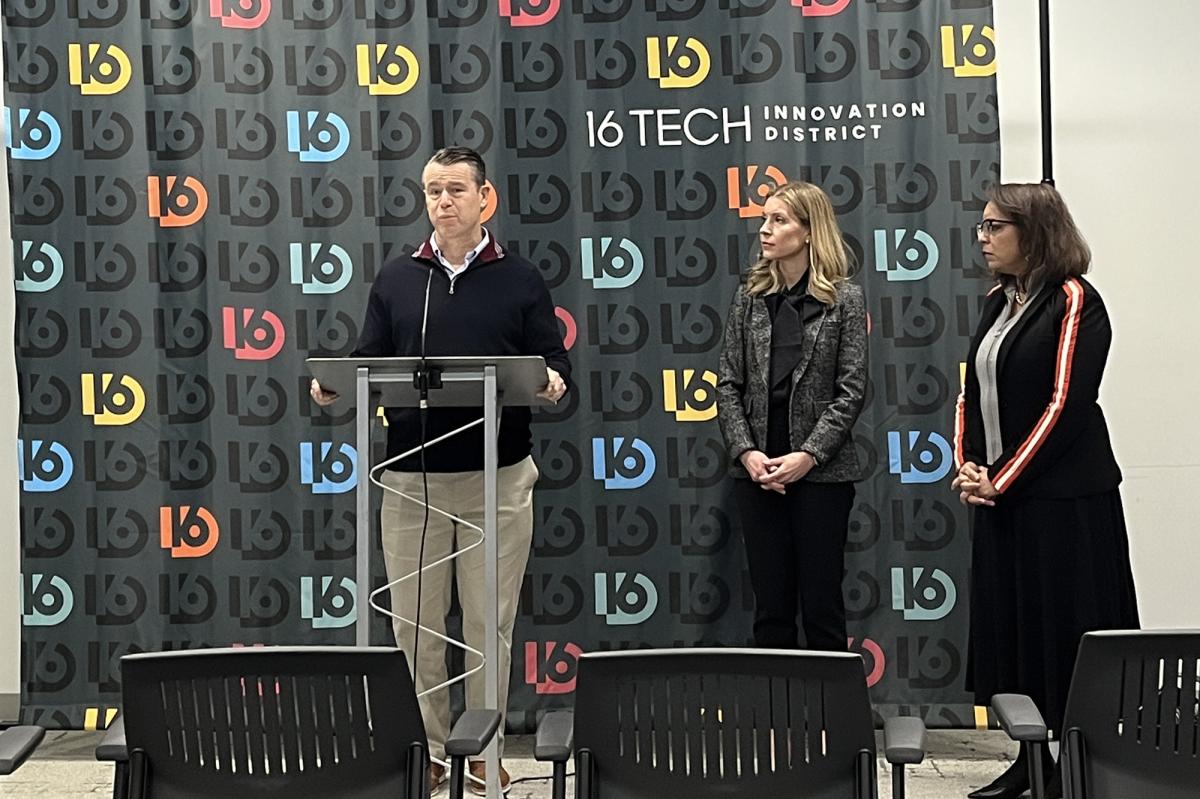 U.S. Sen. Todd Young (R-Ind.) discusses the potential of Indiana as one of 20 tech hubs designated in federal legislation passed last year to increase investment in innovation and technology.