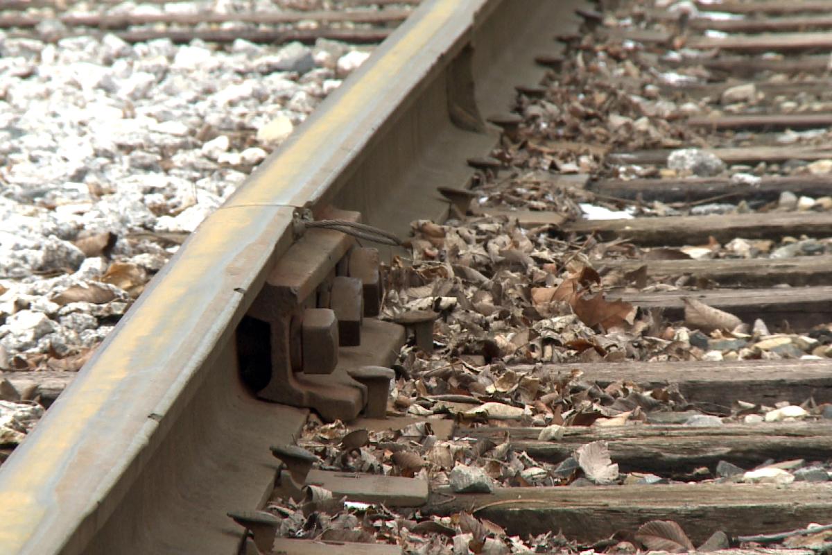 A close-up shot of train tracks.