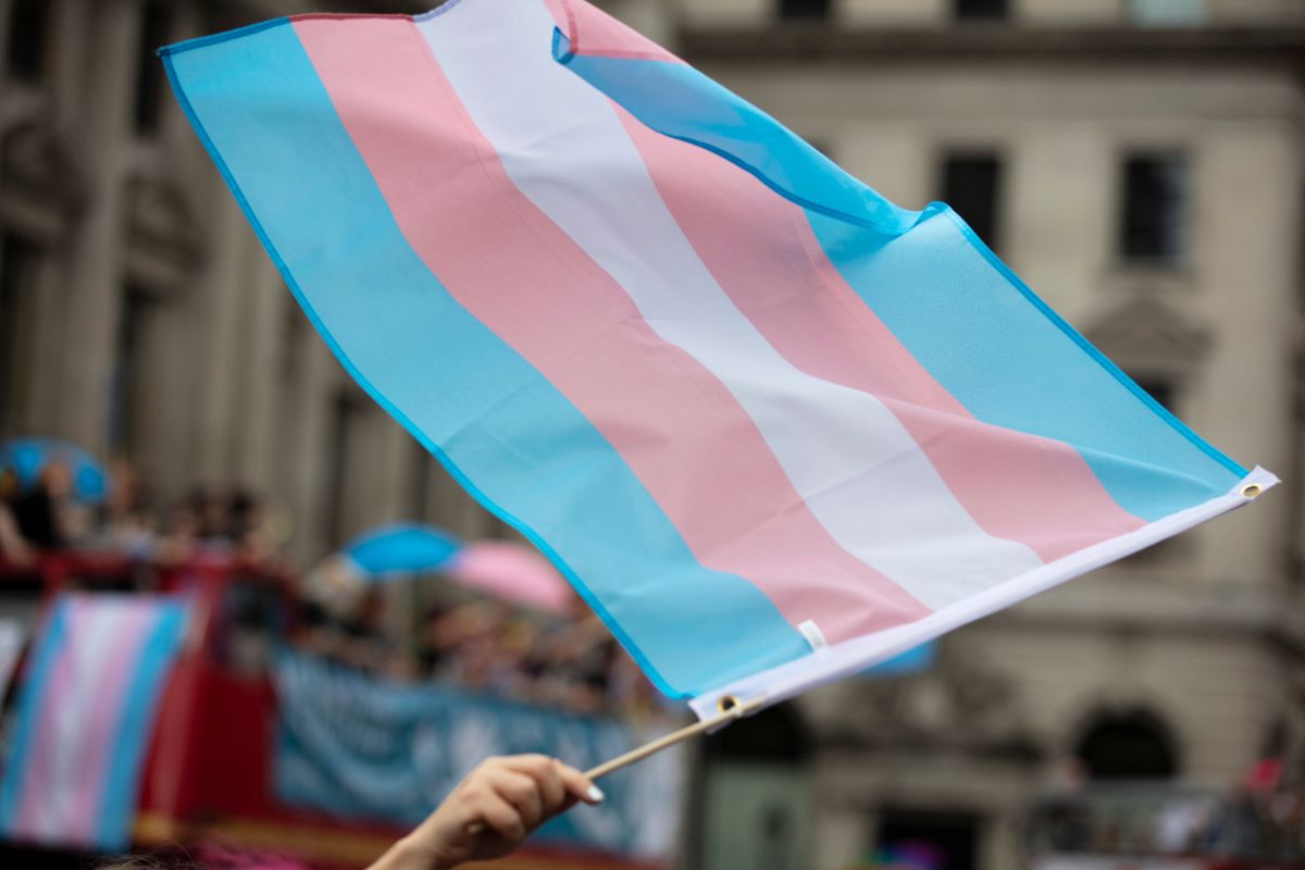 A transgender flag being waved at LGBTQ pride march