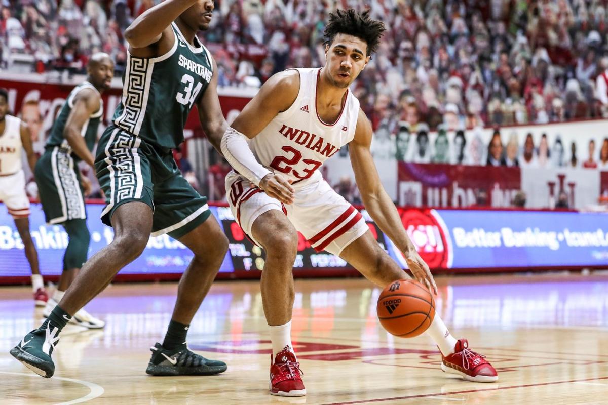 Indiana's Trayce Jackson-Davis works in the lane during a game against Michigan State.
