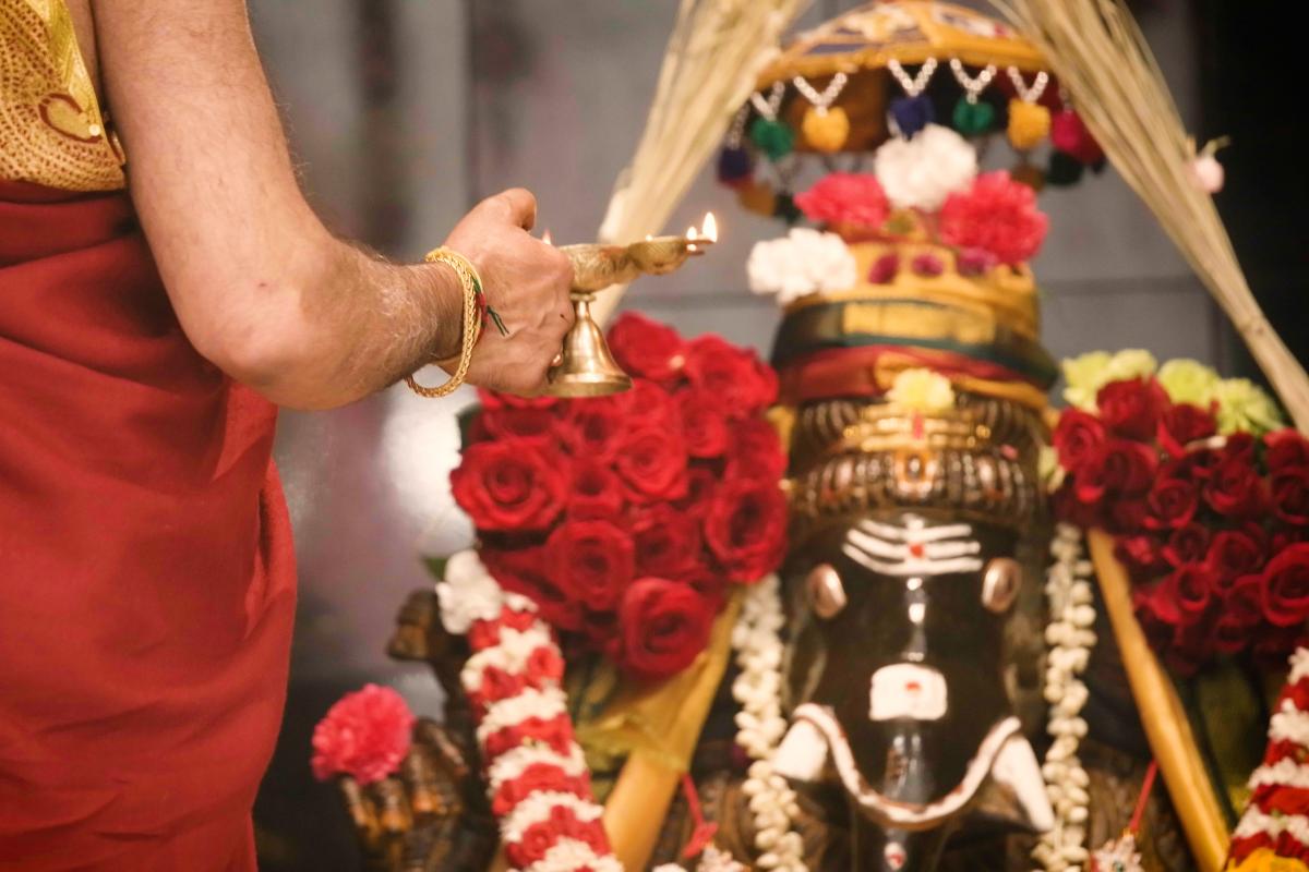 The Hindu Deity Ganesha is revealed after the sanctifying ceremony.
