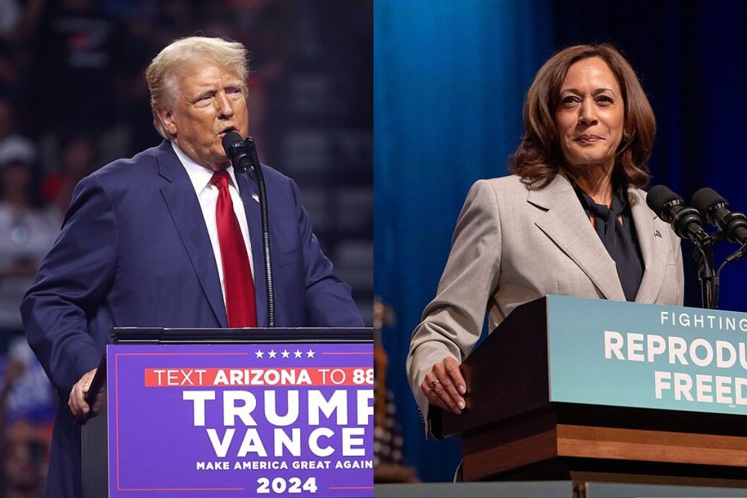 Former President Donald Trump speaks at an Aug. 23, 2024, rally in Glendale, Arizona (left). Vice President Kamala Harris speaks at an April 26, 2023, reproductive rights event at Howard University.