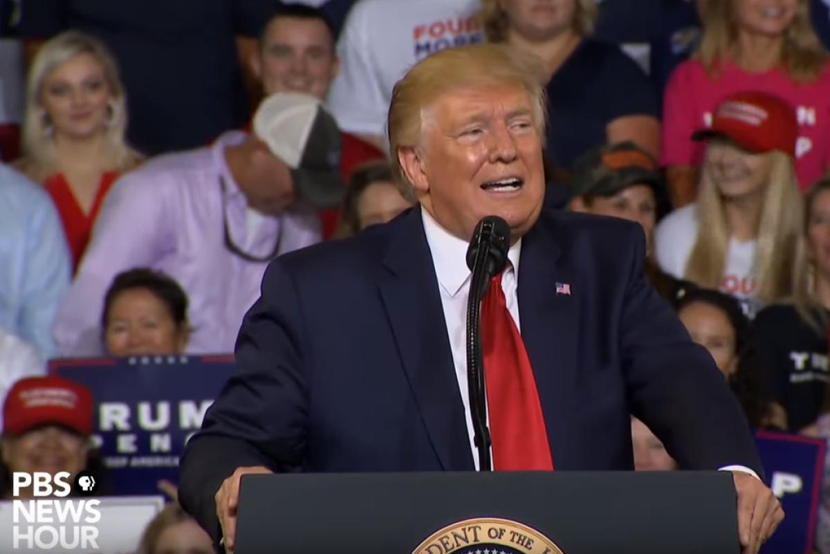 A screenshot from the PBS Newshour broadcast of a Trump campaign rally in North Carolina, July 2019.