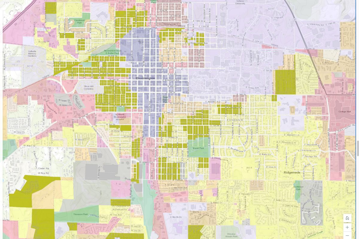 A detailed map of Bloomington's UDO showing urban residential zones.