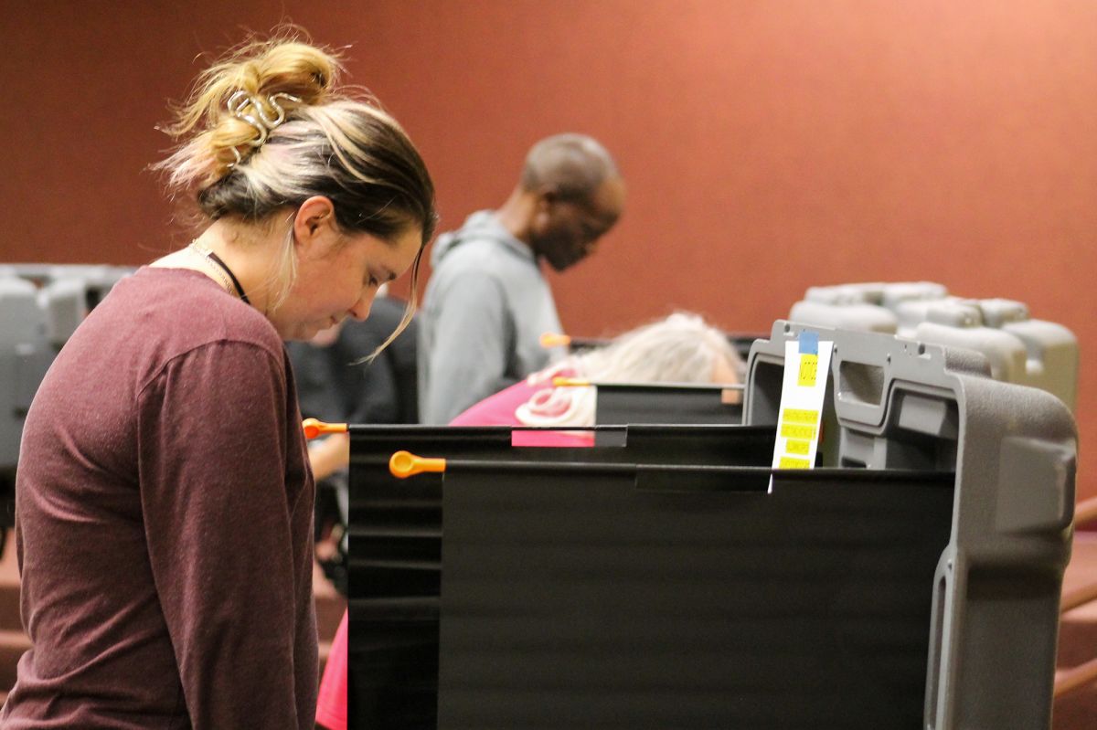 Voters stand at voting machines