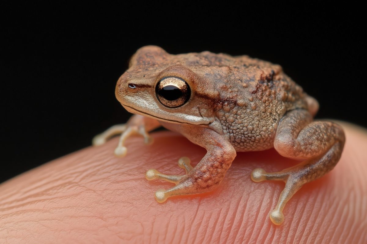 Tiny brown toad perched on a fingertip