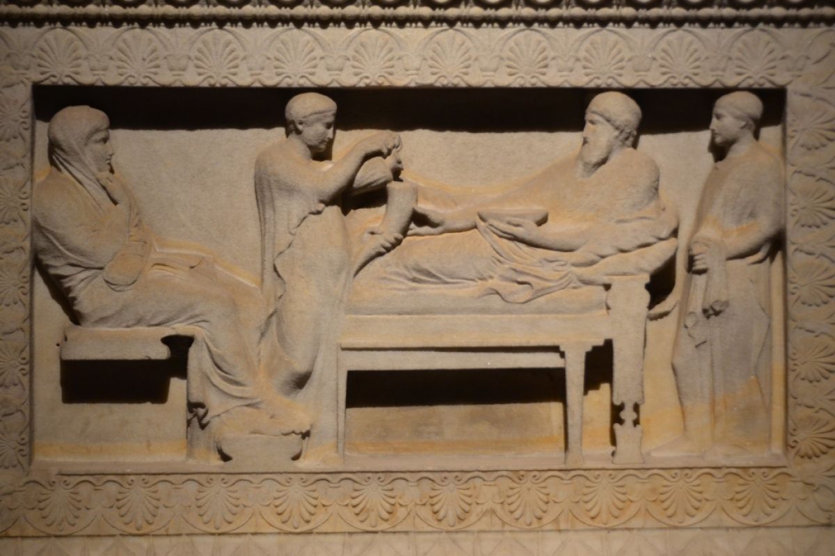 Banquet scene with a Satrap, sculpted on the stone "Sarcophagus of the Satrap," Sidon, 4th century BC.