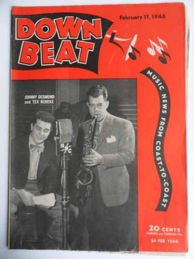 Singer Johnny Desmond and saxophonist Tex Beneke on the cover of a February 1946 issue of DownBeat Magazine.