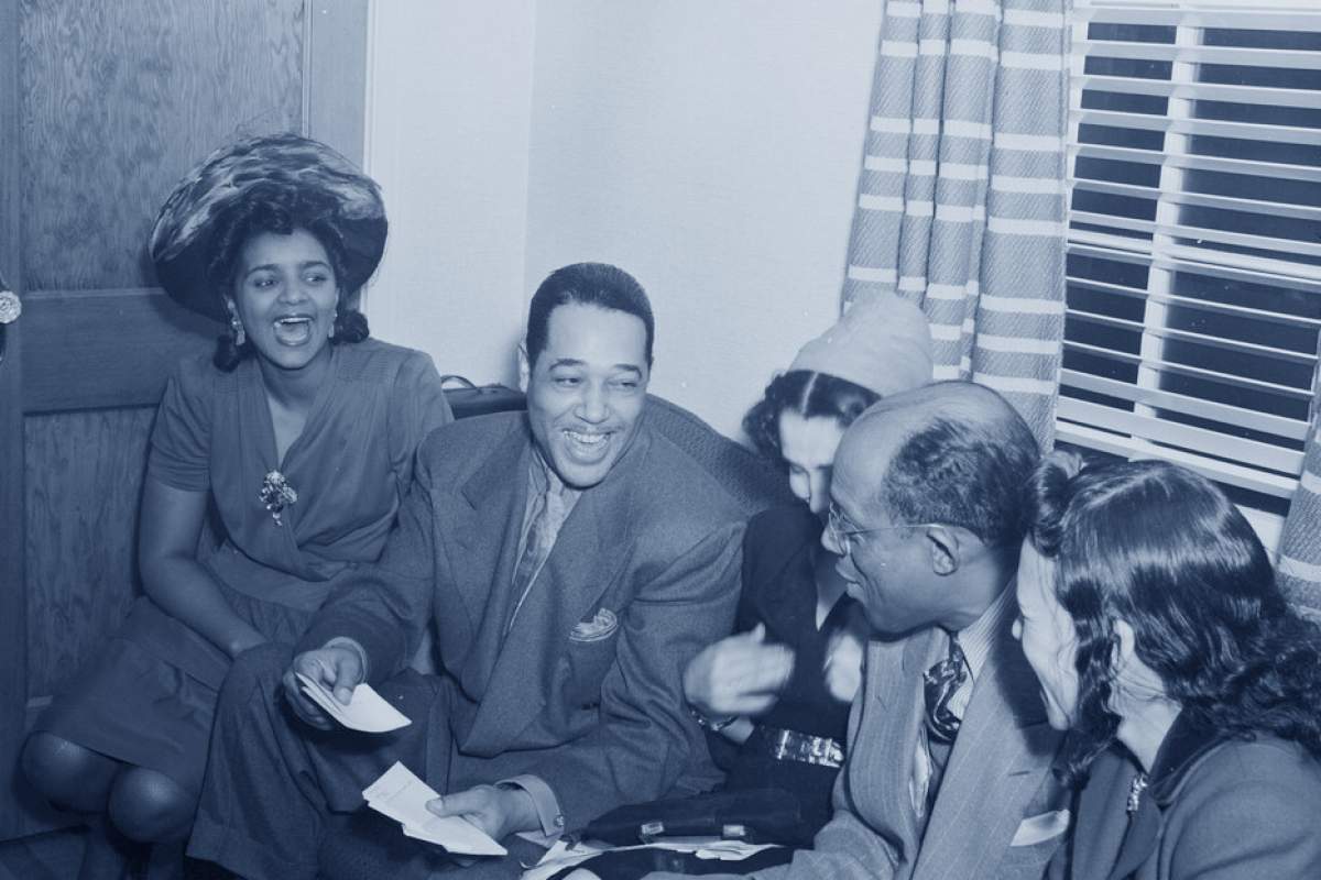 Duke Ellington and friends at the home of William P. Gottlieb in Maryland in 1941. (From the William P. Gottlieb collection at the Library of Congress).