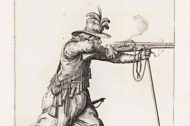 an illustration of a man shooting a 17th century musket