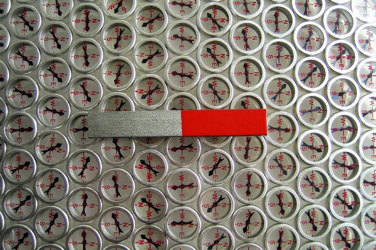 a bar magnet surrounded by small compasses